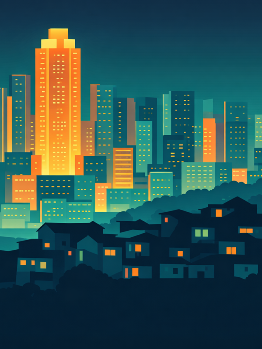 favela, slum, cityscape, urban, skyline, night city, buildings, contrast, inequality, poverty, housing, urbanization, architecture, metropolis, skyline night, city lights, modern city, dense housing, urban landscape, social issues, brazil, latin america, flat design, ai generated