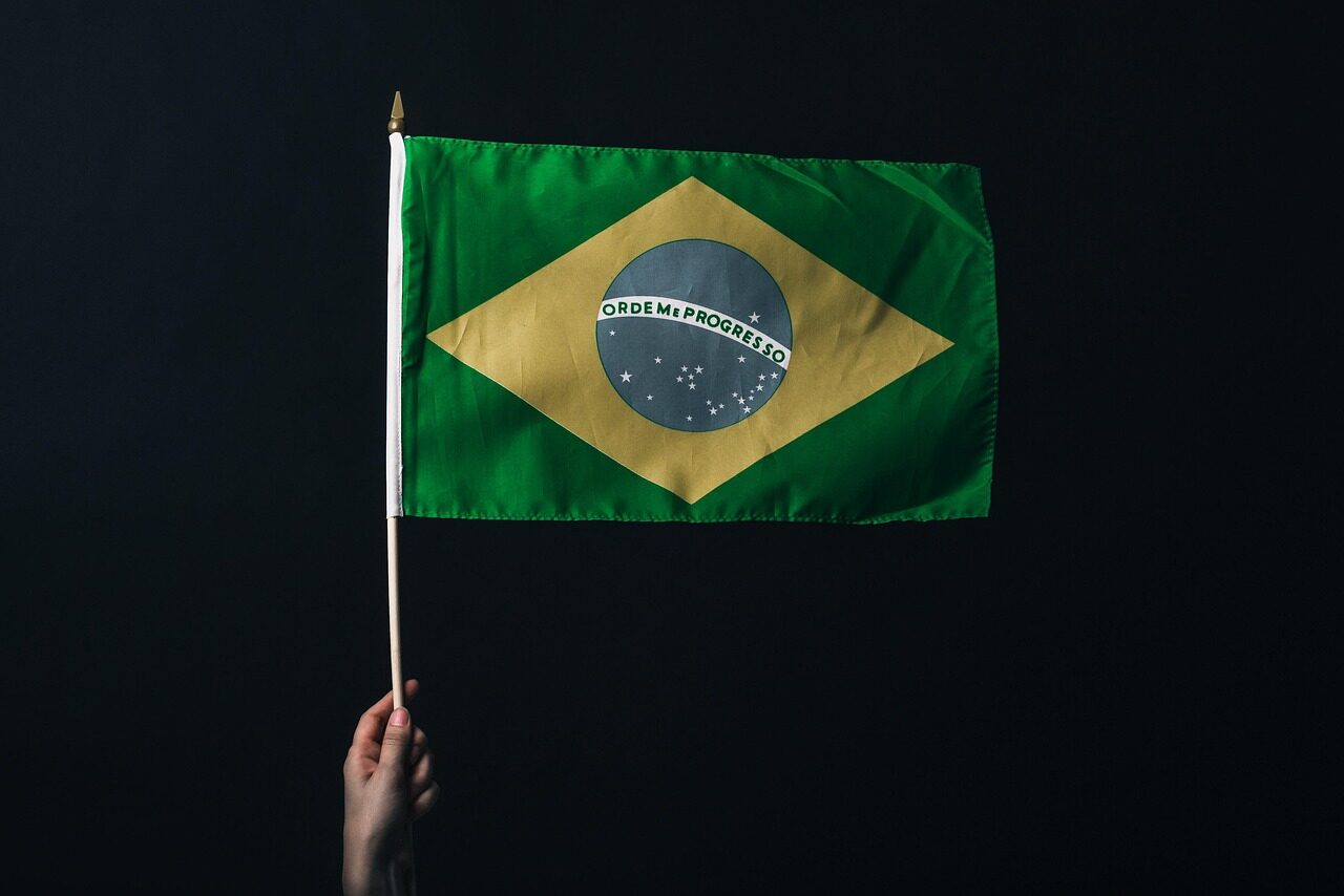 flag, brazil, brazil flag, nation, brasil bandeira brazil hand, black background, yellow and green